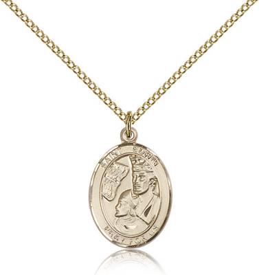 Gold Filled St. Edwin Pendant, Gold Filled Lite Curb Chain, Medium Size Catholic Medal, 3/4" x 1/2"