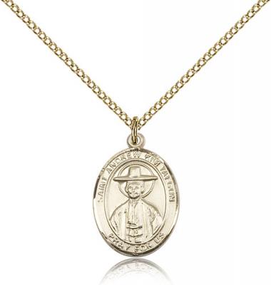 Gold Filled St. Andrew Kim Taegon Pendant, GF Lite Curb Chain, Medium Size Catholic Medal, 3/4" x 1/2"