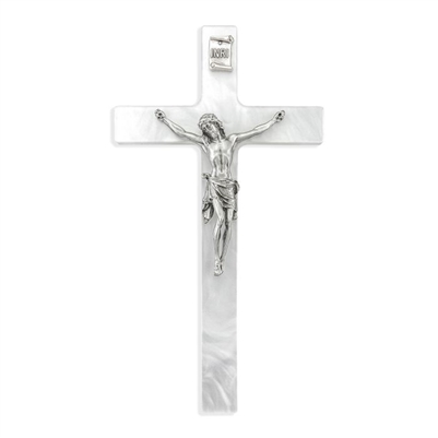7" Pearlized White Cross with Pewter Corpus