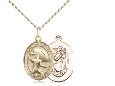 Gold Filled St. Christpher / Football Pendant, GF Lite Curb Chain, Medium Size Catholic Medal, 3/4" x 1/2"