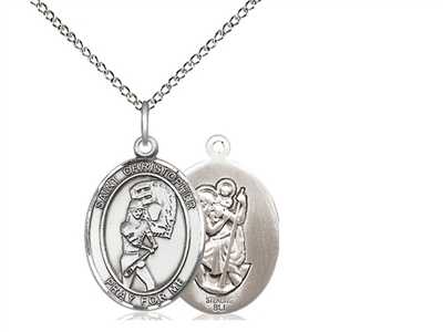 Sterling Silver St. Christopher/Softball Pendant, Sterling Silver Lite Curb Chain, Medium Size Catholic Medal, 3/4" x 1/2"
