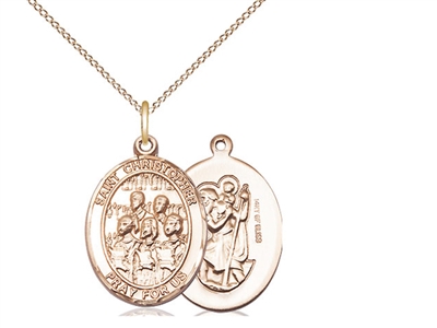 Gold Filled St Christopher / Choir Pendant, GF Lite Curb Chain, Medium Size Catholic Medal, 3/4" x 1/2"