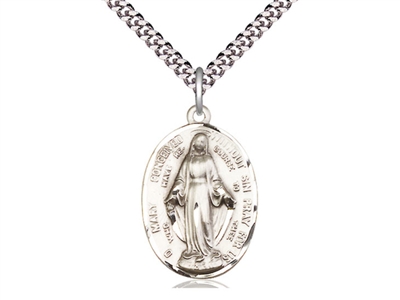 Sterling Silver Immaculate Conception Pendant, Stainless Silver Heavy Curb Chain, Medium Size Catholic Medal, 1" x 5/8"