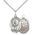 Sterling Silver St. Sebastian / Baseball Pendant, SS Lite Curb Chain, Medium Size Catholic Medal, 3/4" x 1/2"