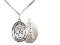 Sterling Silver Guardian Angel / Basketball Pendan, SS Lite Curb Chain, Medium Size Catholic Medal, 3/4" x 1/2"