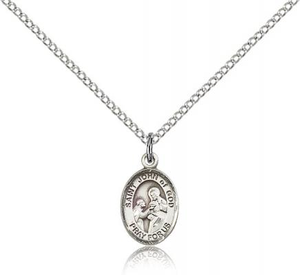 Sterling Silver St. John of God Pendant, Sterling Silver Lite Curb Chain, Small Size Catholic Medal, 1/2" x 1/4"