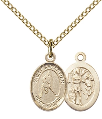 Gold Filled St. Sebastian/Ice Hockey Pendant, GF Lite Curb Chain, Small Size Catholic Medal, 1/2" x 1/4"
