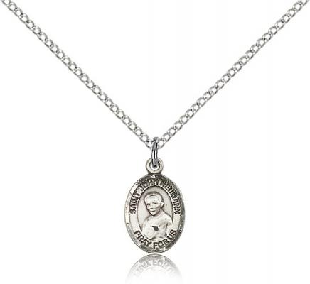 Sterling Silver St. John Neumann Pendant, Sterling Silver Lite Curb Chain, Small Size Catholic Medal, 1/2" x 1/4"