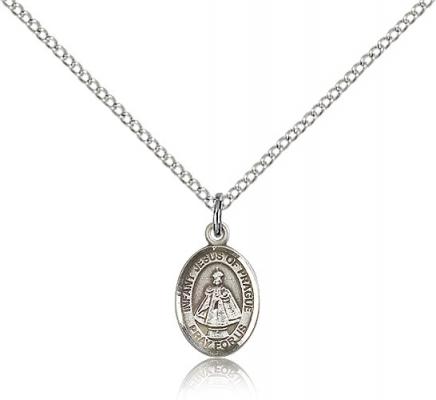 Sterling Silver Infant of Prague Pendant, Sterling Silver Lite Curb Chain, Small Size Catholic Medal, 1/2" x 1/4"
