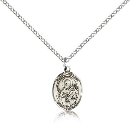 Sterling Silver St. Meinrad of Einsideln Pendant, Sterling Silver Lite Curb Chain, Small Size Catholic Medal, 1/2" x 1/4"