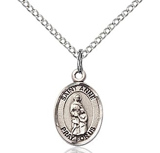 Sterling Silver St. Anne Pendant, SS Lite Curb Chain, Small Size Catholic Medal, 1/2" x 1/4"