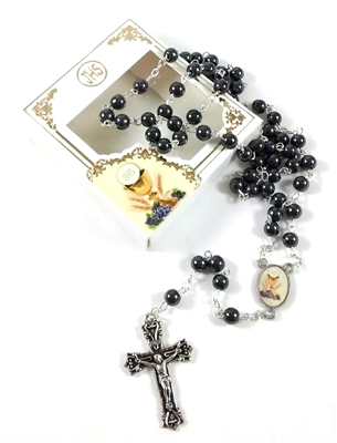 First Communion Hematite Bead Rosary with Gift Box Boy