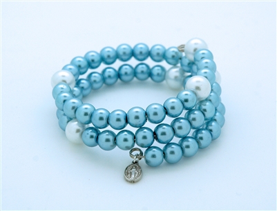 Blue Glass Pearl Rosary Bracelet on Memory Wire
