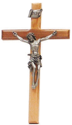 8" Beveled Edge Olive Wood Crucifix, 3.5" Antique Pewter Finish Corpus