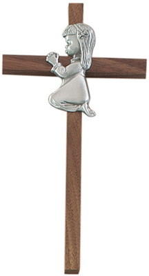 7" Walnut Wood Cross with Pewter Girl