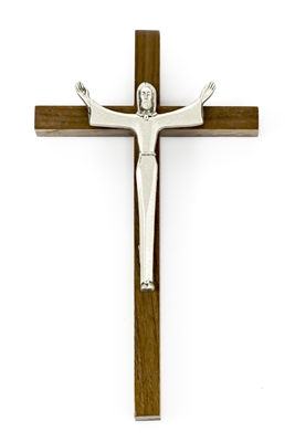 7" Walnut Crucifix, 3.5" Risen Christ Antique Pewter Finish Corp
