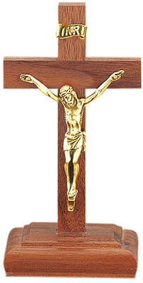 6" Walnut Standing Crucifix, 3.5" Antique Gold Finish Corpus