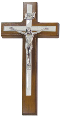 10" Walnut Crucifix, White Pearlized Epoxy Overlay, Pewter Corpus