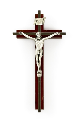 8" Walnut Crucifix, Nickel Plated Inlay, 3.5" Antique Silver Fin