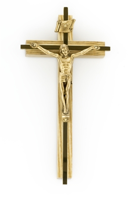 8" Oak Crucifix with Gold Plated Inlay, 3.5" Antique Gold Finish