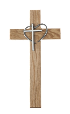 12" Oak Wood Cross With Heart and White Epoxy Cross