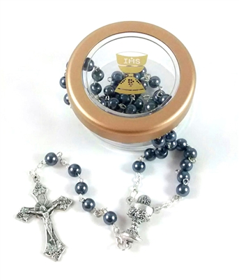 Boys Hematite Bead First Communion Rosary In Round Case
