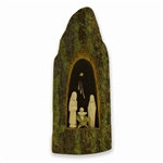 The artist takes a one inch vertical slab of tapered linden tree and carves a niche out of the bark side in order to fit a miniature Holy Family. Decorated with moss these rustic creches reflect the spiritual nature of the Polish countryside. No two crech