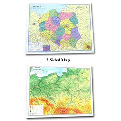 Map of Poland with two sides in full color. One is the administrative map highlighting Poland's provinces and the other side is a physical map. Perfect for framing.