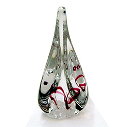 Three-sided art glass paperweight, with a frosted base with cranberry ribbon and a few bubbles, in a classic teardrop shape.  Each piece is hand blown and hand finished in Poland.  Made with the highest quality craftsmanship and hand-signed by the artist