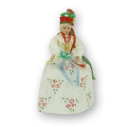 This traditional Polish Krakowianka Bride doll is completely hand made the old fashioned way with papier mache, dress materials and paints. This dolls opens from the bottom to reveal a hidden storage area perfect for rings or small keepsakes