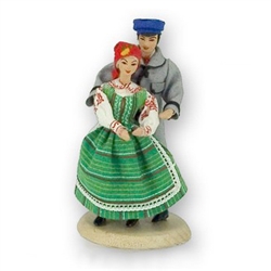 Kurpie Couple (5½"-6" tall); This traditional Polish doll set is completely hand made the old fashioned way with papier mache, dress materials and paints.  The dolls are clothed in authentic regional folk costume.