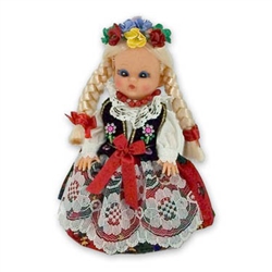 This doll, dressed in a girl's Krakowiak outfit, wonderfully crafted and fun to collect.  Costumes are hand made and vary slightly from doll to doll.