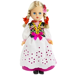 This doll, dressed in a traditional Rzeszow outfit, wonderfully crafted and fun to collect. Costumes are hand made, so costume and colors will vary.