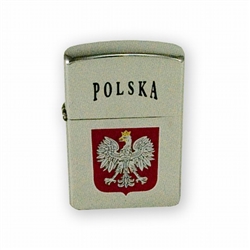 Zippo style lighter emblazoned with the Polish eagle crest below the Polish word for Poland - Polska.
Lighter fluid not included.