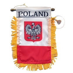 Poland Two-Sided Window Banner is Silk-screened Eagle/ Flag that us made of cloth, trimmed with gold fringe.
Hangs 4" from a brass colored bar with decorative ends and includes a plastic window suction cup.