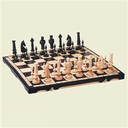 Beautiful hand crafted extra large wooden chess set. Pieces have felt bottoms and each fits into its own formed place.