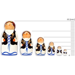 These nesting dolls come in a set of 6 ranging from 15 to 85 millimetres in size.  Made primarily from silver birch which is seasoned for a number of years before being cut and painted.