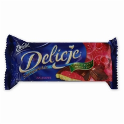 These are light cookies with a jelly topping that are totally dipped into dark chocolate. Delicje is the Polish word for delicious and they are certainly that! This delicious treat is a soft biscuit topped with raspbberry jelly and dipped in chocolate - S