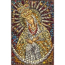 This beautiful icon is entirely made by hand. The mosaic is applied to a wooden block and sealed with a clear finish.  Each piece takes between 3-6 days to make and is signed by the artist.