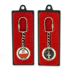 Polish Metal Swivel Keychain with swivel center. One side features the Polish flag with Eagle and the reverse is Neptune's fountain in Gdansk.
Please note that this keychain no longer comes in a case.