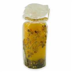 This beautiful amber colored candle has real raw amber pieces imbedded inside the wall of the candle and an amber "tree" of polished stones decorating the outside. Made from the highest quality paraffin with an addition of bees wax guarantee a clean and l