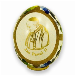 Hand Painted In Poland These beautiful wooden eggs are hand painted on one side and feature an applique of Pope John Paul II on the other side.