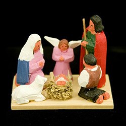 Beautiful hand carved and painted wooden miniature nativity by Szopki maker Marian Wiecek.