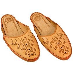 Polish mountain slippers are hand made from leather with open backs, flat sole and heel. Highly decorated and burned with mountaineer symbols these comfortable slippers are perfect for lounging at home in style. We have two different styles here.