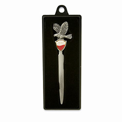 Souvenir pewter letter opener featuring the Polska Crest. Packed in a plastic presentation box with a clear top.  Eagle may be flying east or west.