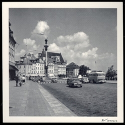 Zamkowy Square 1965 Warsaw.  Notice what's missing from the right side of this photograph?   The Royal Castle!  Completely destroyed in 1944 it was not rebuilt until 1974.  Historical Black and White Photo Postcard