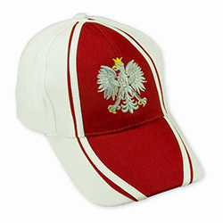 Embroidered Silver Polish Eagle Cap, The front of the cap features and embroidered Polish Eagle made of silver thread with a crown and talons of gold colored thread.  Features an adjustable cloth and velcro tab in the back.  Designed to fit most people.