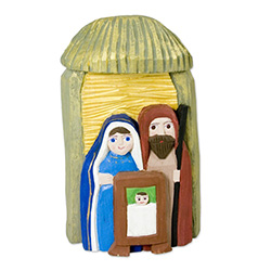 The Holy Family and in particular the Nativity is a popular theme in Polish folk art. Jerzy and Maria Kopczynscy are a folk artist family of unique talents. Jerzy is the carver and Maria is the painter.