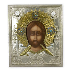 Made in Poland this icon is hand painted and covered with a beautiful cover of zinc plated copper featuring fine bas-relief. Size 11" x 12.75" - 28cm x 32cm