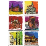 Miasta Polskie (Polish Cities) Coasters - Set of 6 Assorted. This set of 6 coasters features colorful reproductions of scenes from important Polish cities painted by Anna Gawlikowska.
